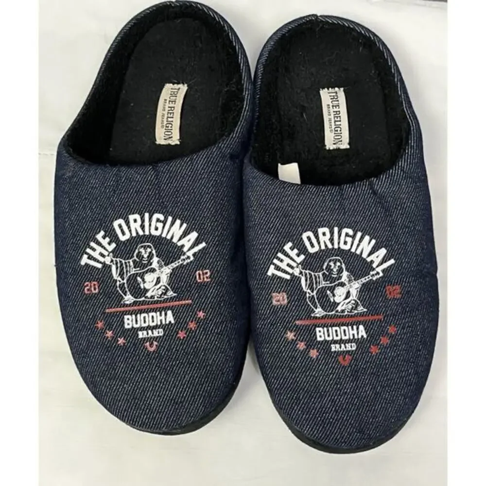 True‎ Religion Mens Size M 9-10 Black Blue Slip On Slippers Original Buddah